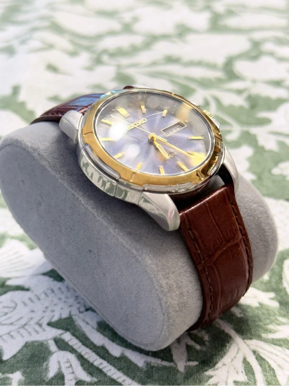 Seiko Solar Men’s Watch Blue Dial Two-Tone Brown Leather
